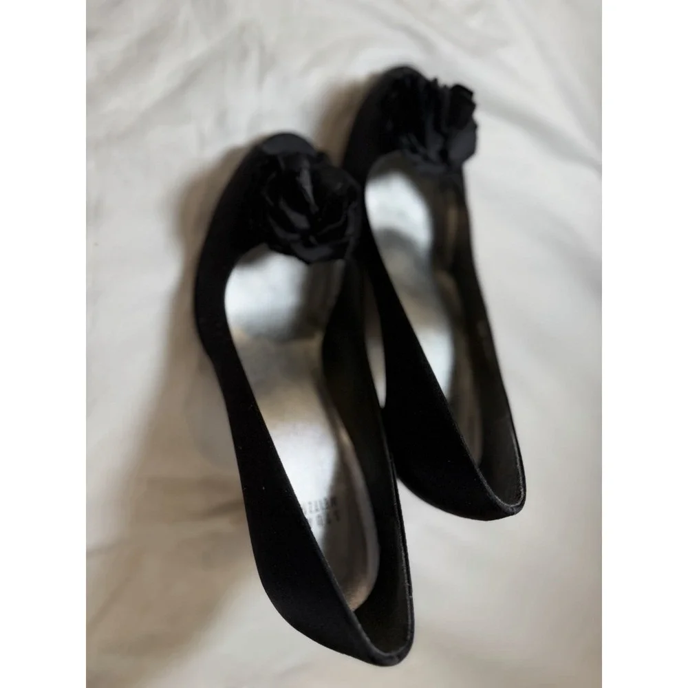 Stuart Weitzman 8.5 Black Satin Rosette Peep Toe Pumps Heels Made in Spain